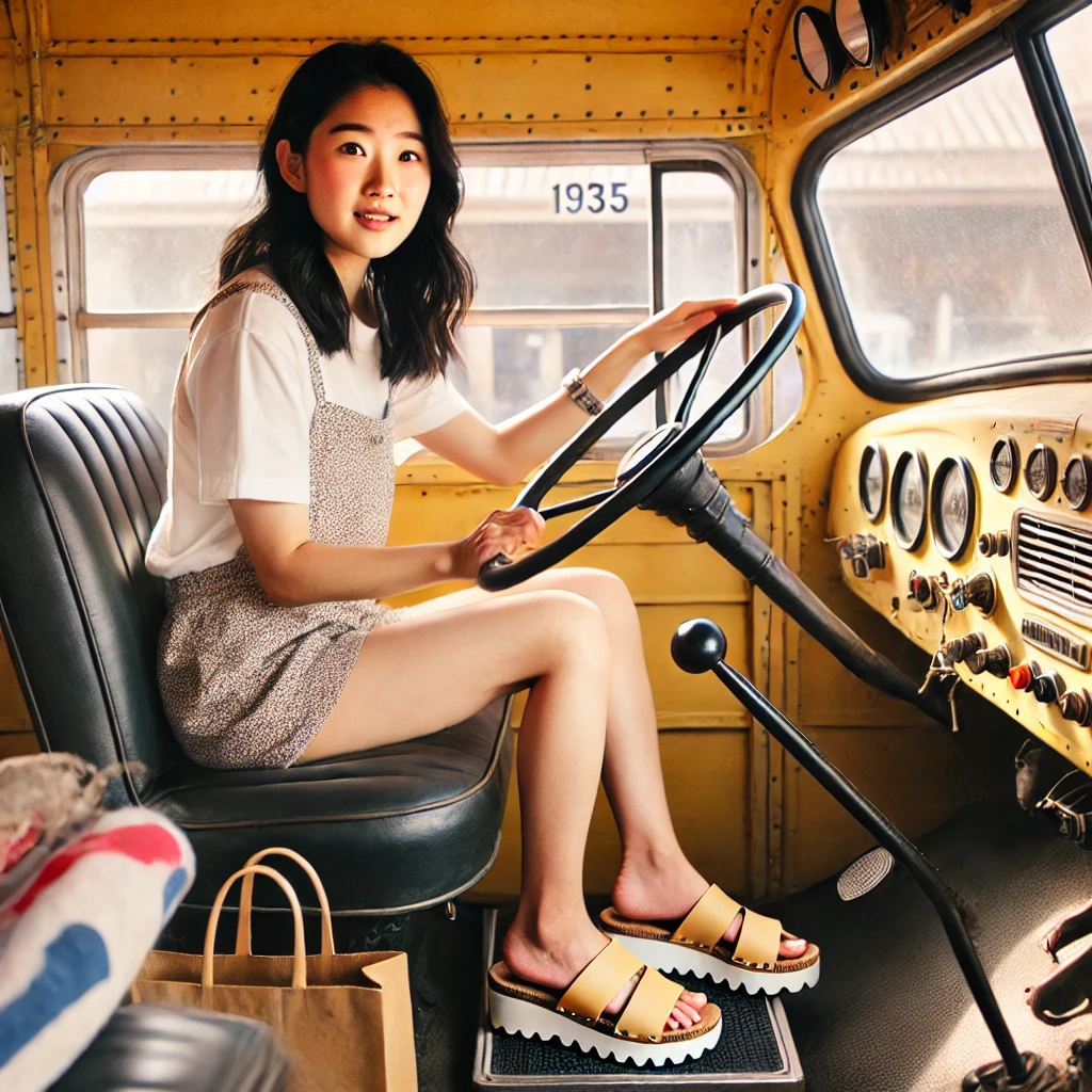 Lilia in the Old School Bus at the Beach Ready to Drive the Kids Home.png